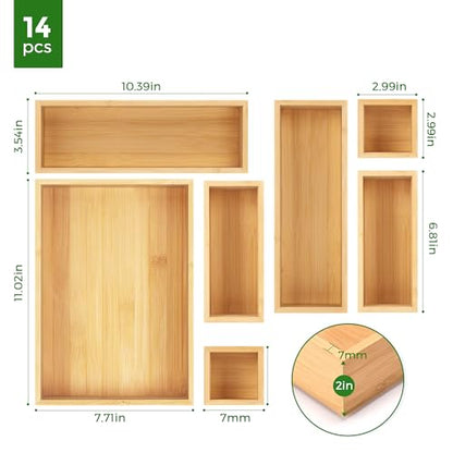 MapleGrace Bamboo Drawer Organizer Set, 14 PCS Wood Storage Organizers | Multi-Use Junk Drawer Divider, Storage Trays Containers for Kitchen, Bathroom, Office Desk, Makeup, Jewelry, Utensils - size: 14