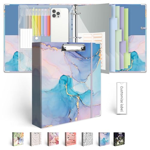 2 Inch 3 Ring Binder Organizer with Clipboard, 5-Tab Pockets Dividers, Transparent Folder, 18 Divider Stikers, BVSSX Decorative Three Ring Binder with Pen Loop, Elastic Strap (Blue Marble,Letter Size) - color: 03-blue Mable, size: 2in（Letter Size）