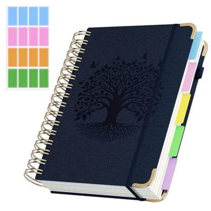 QIYVLOS Hardcover Spiral Notebook, A5 Journal with Removable Dividers Tabs, 5 Subject Notebook College Ruled, 320 Pages 6"x8" Leather Notebooks for Work School Study, Lined Journal for Women, Navy - color: A5/Navy