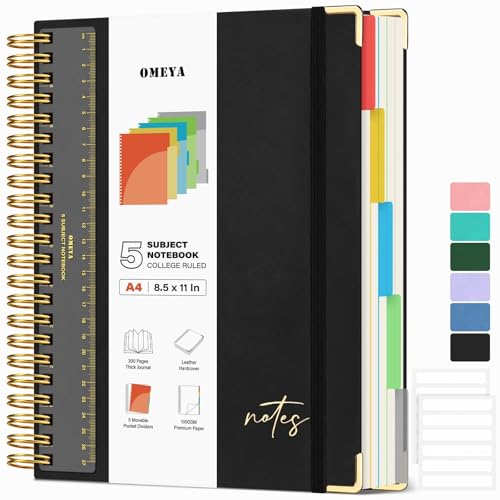 Hardcover Spiral Notebook 8.5" x 11": Leather 5 Subject Notebooks College Ruled with Pocket Dividers & Ruler, 300 Pages 100GSM Thick Writing Journal for Women, Large A4 Lined Notebooks for Work School - color: Black, size: A4