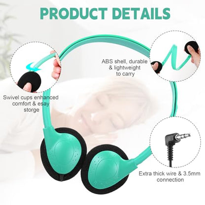 Konohan 30 Pack Headphones Bulk Headphone for School Classroom Student Wired Headphones Adjustable with 3.5 mm Jack for Adults (Emerald Green) - color: Emerald Green