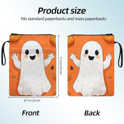 Padded Book Sleeve with Zipper & Front Pocket, Fabric Book Cover | Cute Halloween Ghost Pumpkin11.4"x8.7" Washable Canvas Pouch for Hardcovers, Tablets & Reading Accessories - color: Cute Halloween Ghost Pumpkin