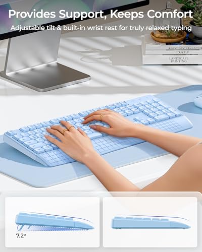 seenda Wireless Bluetooth Keyboard Mouse Combo, Ergonomic Keyboard with Wrist Rest, Silent Mouse, USB & Bluetooth Multi-Device, Full-Size Compatible for Windows PC Laptop Mac MacBook, Blue - color: Blue
