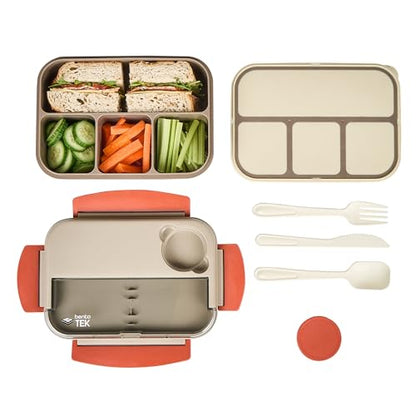 Restaurantware-Bento Tek 43.9 Ounce Bento Box, 1 Reusable Lunch Container - With Cutlery, Does Not Contain BPA, Brown And Orange Plastic Reusable Lunch Box, Sauce Cup Included, Microwavable - size: 1 Count, style: 44 oz - Brown