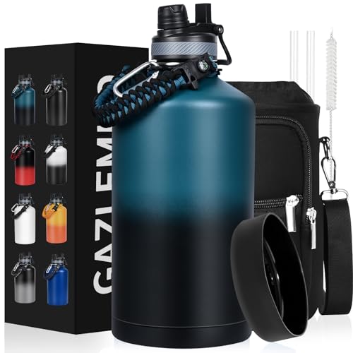 GAZLEMHO 1 Gallon Water Bottle Insulated 128oz Stainless Steel Jug | Leak Proof Metal Canteen with Straw Spout 2-in-1 Lid, Sleeve, Paracord Handle, Silicone Boot for Gym Sports, Indigo Black - color: Indigo Black, size: 128 Ounces