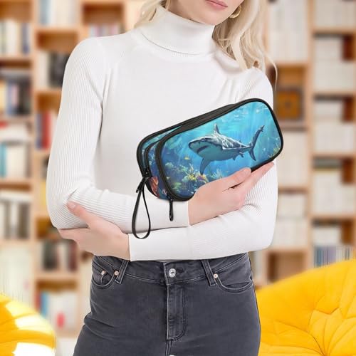 ALAZA Shark Ocean Large Pencil Case, Pen Pouch Pencil Bag with 3 Compartments Pen Holder Organizer Stationery Bag - color: A07