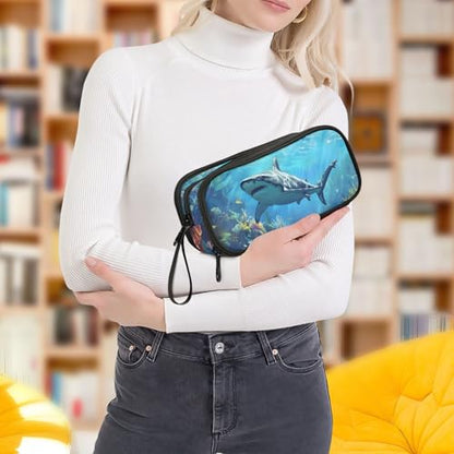 ALAZA Shark Ocean Large Pencil Case, Pen Pouch Pencil Bag with 3 Compartments Pen Holder Organizer Stationery Bag - color: A07