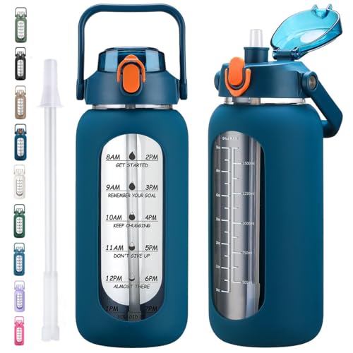 64oz Glass Water Bottles with Straw, Half Gallon Motivational Glass Bottle with Silicone Sleeve and Time Marker, 2L Leakproof Large Glass Water Jug for Gym Home Office,Blue - color: Blue, size: 64 Ounces