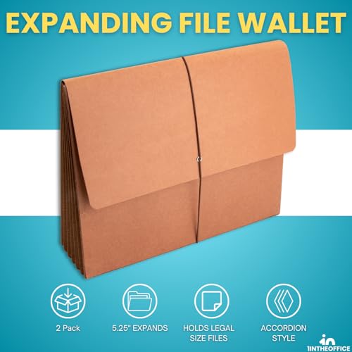 1InTheOffice Expanding File Wallet with Flap and Cord Closure, 5-1/4" Expansion, Letter Size, Redrope, 2 Pack