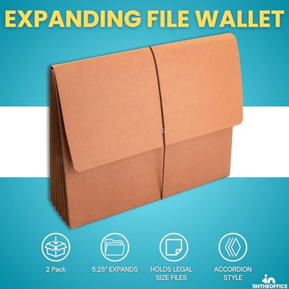 1InTheOffice Expanding File Wallet with Flap and Cord Closure, 5-1/4" Expansion, Letter Size, Redrope, 2 Pack