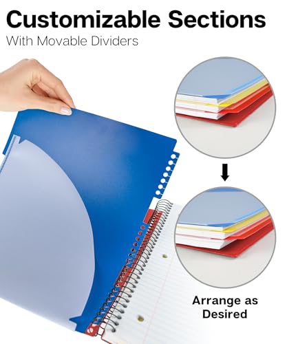 Dunwell 3-Subject Spiral Notebook College Ruled 8.5x11 (Red), 150 Sheets (300 Pages), Tabs, Color Movable Divider Pockets, Protective Plastic Covers, 3-Hole Punched Tear-Off Paper - color: Red