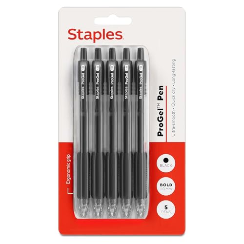 STAPLES ProGel™ Retractable Gel Pen, Bold Point, 1.0mm, Black Ink, 5/Pack - color: Black, size: 5 Pack, style: 1.0mm