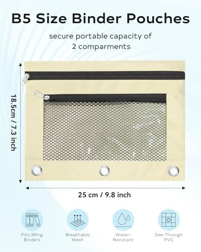 Pencil Pouch for 3 Ring Binder - 3 Hole Zipper Pen Case Bag Holder Bulk Accessories Clear Window Aesthetic Organizer Pockets - color: Beige