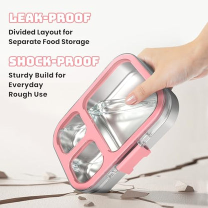 LOHASOK Kids Stainless Steel Lunch Bento Box BPA-Free Leak-Proof Tritan Lid 304 Metal Food Container with 3 Compartments for Girls Boys School,Pink - color: Pink, size: 27oz/800ml