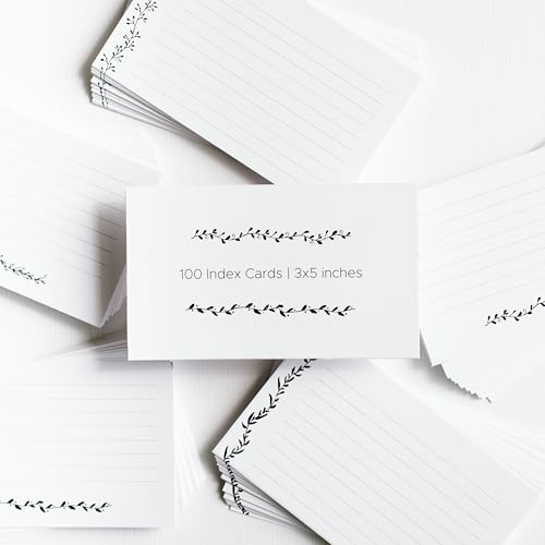 Leaf Garland Index Cards by Pure Print and Design | Floral Flash Cards Perfect For Study Sessions & Learning | 100 Cards of Premium Quality with 5 Different Designs | Black and White | 3x5 inches - color: Black and White