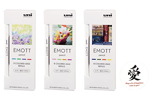 Uni EMOTT Color Mechanical Pencil Refill Replacement Lead 0.9mm Assorted 12 Color Set Japan import With Kanji LOVE Sticker
