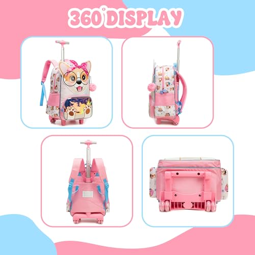 Meetbelify Backpack with Wheels for Girls Rolling Backpack Cute Carry on Backpack Kids Luggage with Lunch Box Pencil Case for Elementary Student - color: Dog