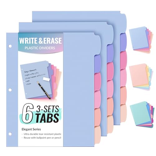 Sooez 6-Tab Durable Plastic Write & Erase BigTab Dividers for 3 Ring Binder | Aesthetic Cute Binder Dividers for Student, Teacher, Office, Home Organizers, 3 Sets, Elegant - color: Elegant, size: 3 set