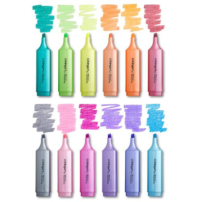 KINGART Highlighters 12 Metallic Colors, Dual-tipped: Chisel and Fine - Modern Marking Pens for Writing, Paper, Water Resistant, Translucent Ink, Sketchbook Friendly