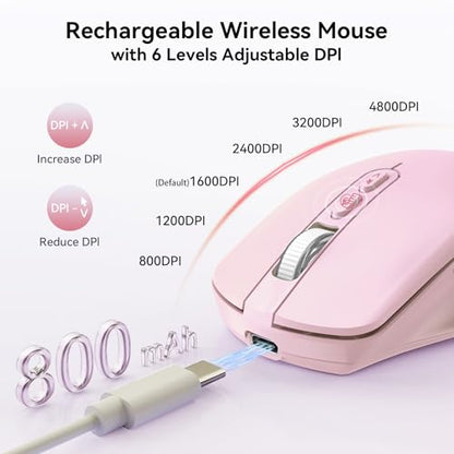 TECKNET Wireless Mouse Jiggler, Rechargeable Mouse with Built-in Mouse Mover, 6 Adjustable DPI & 14 LED Modes, Silent Click, Undetectable Random Movement Keeps Computer Awake for Laptop/PC/Mac- Pink - color: Pink