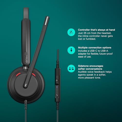 EPOS Impact 760 Dual-Sided USB-C and USB-A Wired Office Headset with Noise-Canceling Mic, in-Line Controls, Clear Audio, Comfortable Fit, Suitable for Business Calls and Working from Home - style: Wired, USB-C