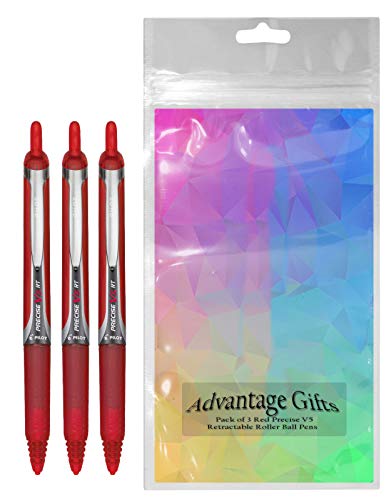 Precise V5 RT Retractable Rolling Ball Pens, Extra Fine Point (.5mm), Red Ink, 3-pk; Premium Comfort Grip, Include with Plastic Reusable Pouch - color: Red, size: 3 Count (Pack of 1)