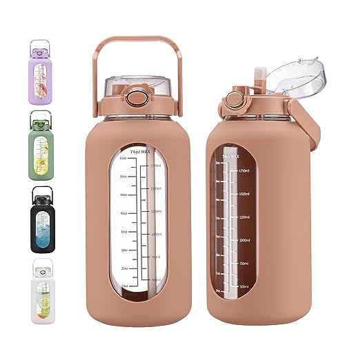chunmo 74 oz Glass Water Bolttles with Straw Large Motivational Water Bottle with Time Marker Sports Water Bottles with Silicone Sleeve and Handle Lid 2.2L Water Jug for Gym Workout - color: Amber