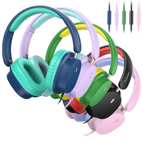 Kids Wired Headphones for School, 5-Pack, Foldable with Mic | HD stereo sound, Comfortable over-ear fit, 3.5 mm jack, Ideal for classrooms, iPads, tablets, computers and travel - color: Mixed Colors