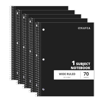 ONAVIA 1 Subject Spiral Notebook Wide Ruled 5 Pack, 140 Pages, Black | 70 Sheets, 7.5 x 10.5 in, 3-Hole Punched, School Notebook, Wide Ruled Paper, Study, Students - color: Black
