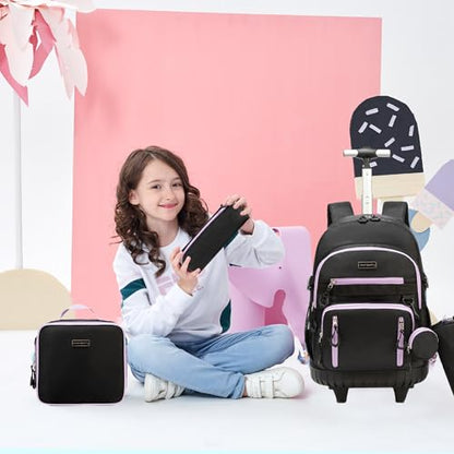 Meetbelify Rolling Backpack for Girls Boys Backpacks with Wheels Kids Carry on Luggage for Girls Boys - color: Girl Black Purple
