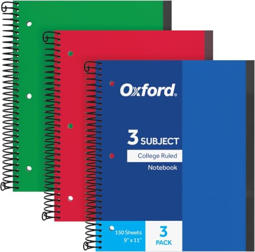 Oxford Spiral Notebook, 3 Subject, College Rule, Durable Plastic Covers, Strong Coil, 3 Durable Pockets, 8.5 x 11, 150 Sheets, Blue, Red, Green (89803)(Pack of 24) - size: Pack of 24