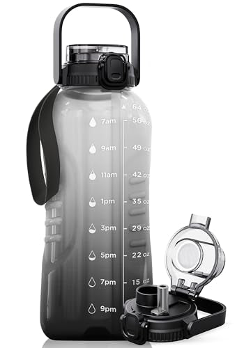 AQUAFIT 64 oz Water Bottle with Handle, 2in1 Lid | BPA Free Half Gallon Water Bottle with 2in1 Straw and Chug Lid - Leakproof Gym Water Bottle with Time Marker (Midnight Gray) - color: Midnight Gray