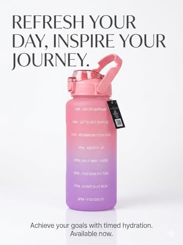 Motivational Water Bottle with Time Markers, 64 oz, Pink to Purple Gradient, Flip Lid with Straw