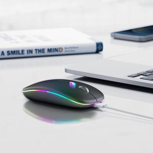 Wireless Bluetooth Mouse, Rechargeable, LED, Silent, Ultra-thin Design (Bluetooth 5.2 and 2.4GHz USB Receiver) | Portable Computer Mouse for Laptops, iPads, MacBooks and Apple Devices (Black) - color: Black