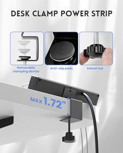 PLUGTUL Desk Clamp Power Strip 6FT, Outlet Station with 3 Outlets, PD 20W Fast Charging, Flat Plug, 14 Gauge, 980J Surge Protector, Black Power Strip with USB C, Fit 1.72" Tabletop Edge - size: 6FT