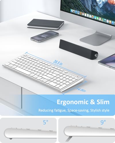 FENIFOX Wireless Keyboard, Bluetooth & 2.4G USB & USB-C Rechargeable Silent Ultra Quiet Low Profile Compact Full Size with Number Pad Soft Multi Device for Mac MacBook Windows PC - White & Silver - color: Silver White