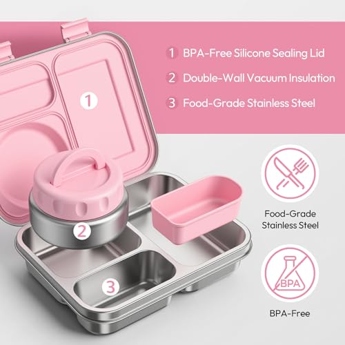 Stainless Steel Bento Lunch Box with 8oz Insulated Food Jar, 3 Compartment Metal Bento Lunch Container for Kids & Adults with Silicone Container and Food Thermo for Work & School, BPA-Free(Pink) - color: Pink