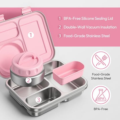 Stainless Steel Bento Lunch Box with 8oz Insulated Food Jar, 3 Compartment Metal Bento Lunch Container for Kids & Adults with Silicone Container and Food Thermo for Work & School, BPA-Free(Pink) - color: Pink