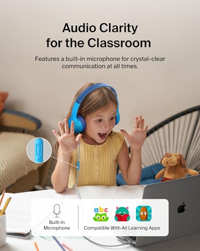 Belkin SoundForm Mini Kids Wired Headphones w/USB C to 3.5mm Dongle, Built-in Mic & Fun Stickers, 85dB Max Volume – for Online Learning, Travel, Compatible w/iPhone 16, iPad, Galaxy S25, etc - Blue - color: Blue, style: Wired (USB-C)