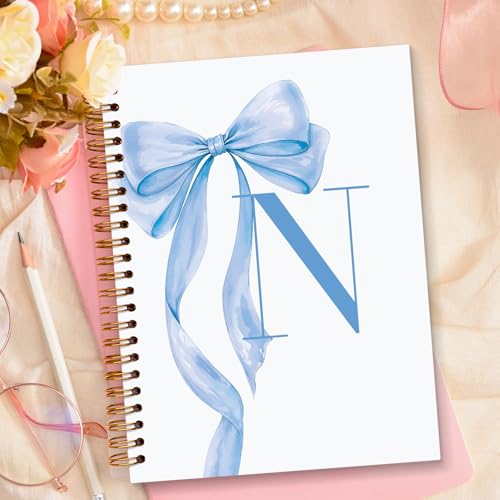 JXREQ Coquette Blue Bow Personalized Notebook, Initial Letter N Monogram Journal, Preppy Girly Ribbon Bow Journal, Monogrammed Gifts for Women, Aesthetic Spiral Notebook 5.5x8.3 - color: N Blue