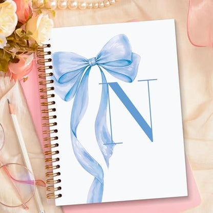 JXREQ Coquette Blue Bow Personalized Notebook, Initial Letter N Monogram Journal, Preppy Girly Ribbon Bow Journal, Monogrammed Gifts for Women, Aesthetic Spiral Notebook 5.5x8.3 - color: N Blue