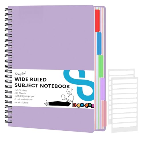 Koogel Spiral Notebook with Tabs, 5 Subject Spiral Notebook Wide Ruled with Removable Dividers, 200Pages Lined Journals for Women Journals Note Taking Work School Gifts, 8.5x11Inch, Purple - color: purple