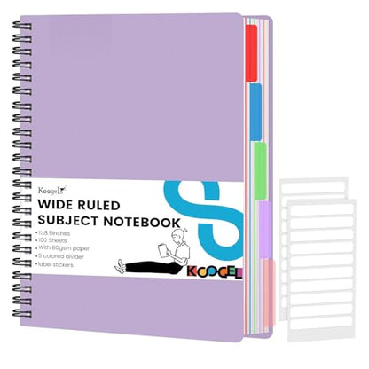 Koogel Spiral Notebook with Tabs, 5 Subject Spiral Notebook Wide Ruled with Removable Dividers, 200Pages Lined Journals for Women Journals Note Taking Work School Gifts, 8.5x11Inch, Purple - color: purple