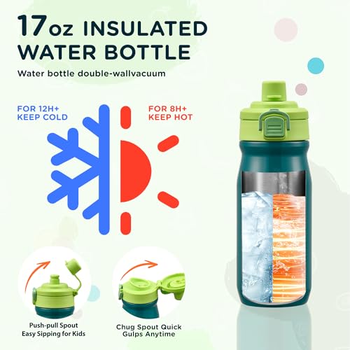 MAISON HUIS Bento Box for Kids with 8oz Soup Thermo, Insulated Lunch Bag & 17oz Water Bottle, 2-Compartment Bento Box with Built-In Ice Pack, Leak-Proof & BPA-Free (Green) - color: Green