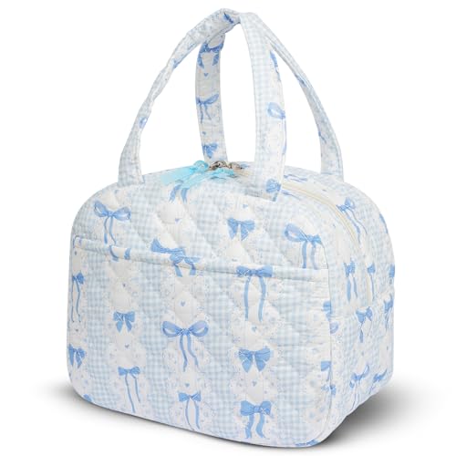 WOBAGMEN Quilted Lunch Box for Women,Coquette Aesthetic Lunch Box for Teen Girls,Cute Floral Lunch Bags for Work, School,Office,Picnic,Travel (Blue Bow) - color: Blue Bow
