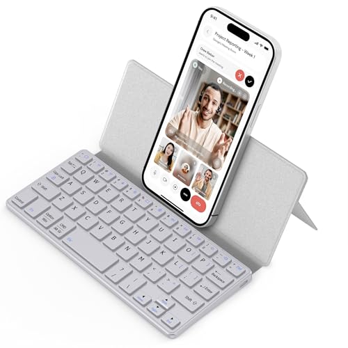 CACOE Wireless Keyboard with Stand, Mini Keyboard for Cell Phone, Ultra-Slim Portable, Foldable, Dual-Channel QWERTY with Stand Holder for Smartphone and More iOS Android Windows, Grey - color: Grey-2