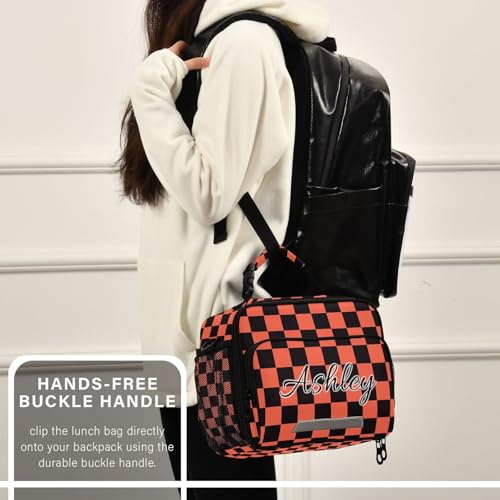 Custom Student Lunch Bag for Boys Girls Orang Black Checkered Personalized Lunch Box With Name Insulated Cooler Bag for School Picnic Travel - color: Multi13