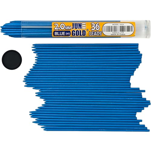 June Gold 36 Blue (Sky #117) Colored 2.0 mm Lead Refills, 90 mm Length | Bold Thickness for Heavy Use, Break / Smudge Resistant, Travel Carrying Tube, Pre-Sharpened - color: Blue (Sky #117)