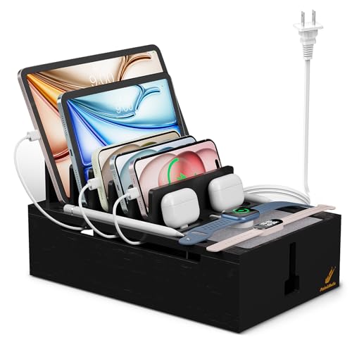 Pezin & Hulin Bamboo Charging Station for Multiple Devices, USB Charger Dock Organizer, with Power Supply (10 Ports HUB), 6 Cables, Cable Management Organizer for Cell Phones, Tablets -Black - color: Black, size: Dock+Charger+Cables