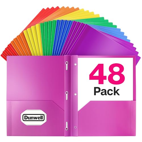 Dunwell Plastic 2 Pocket Folders with 3 Prongs, (48 Pack, Assorted Colors), 3-Clasp Folders with Fasteners, Tear-Resistant, Long Lasting Acid-Free Poly, Includes Labels - color: 6 Vibrant, size: 48 Pack
